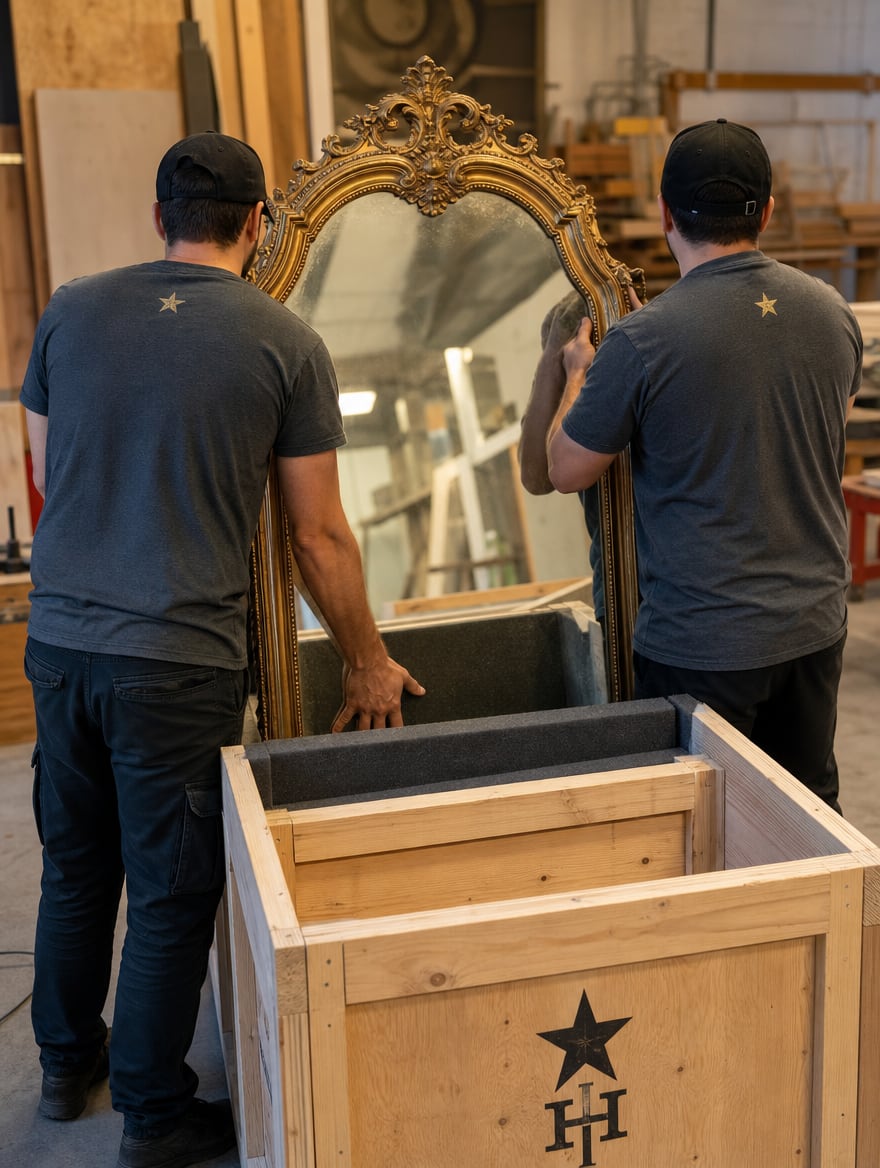 GeoStars mover securing a custom-built wood crate around a gilded antique mirror before loading