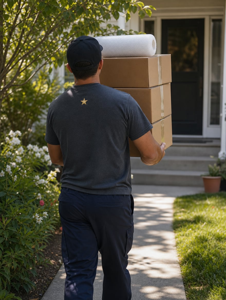 GeoStars mover carrying a stack of flat-packed double-walled moving boxes to a customer's front door