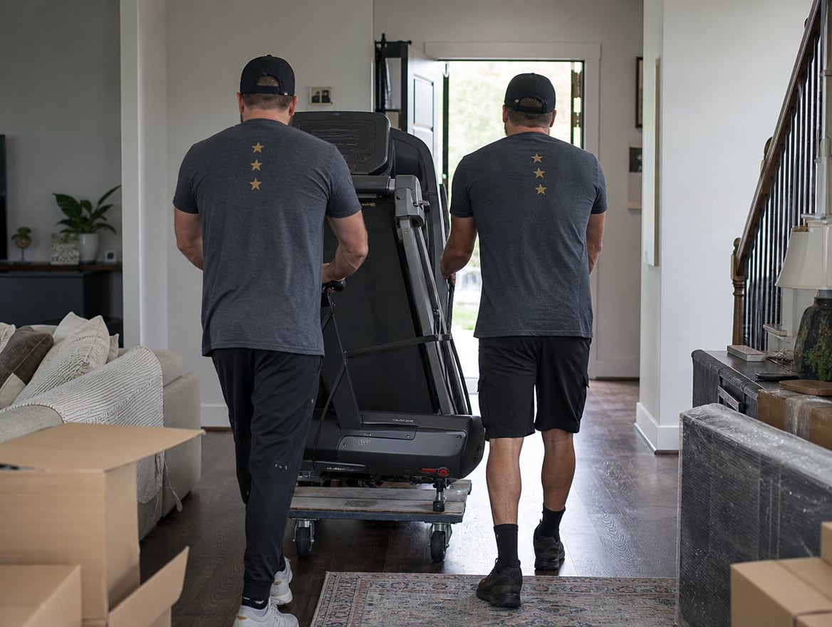 Two GeoStars movers reassembling a squat rack with hex keys in a home gym