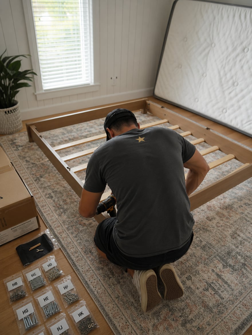 GeoStars mover assembling a bed frame with labeled hardware
