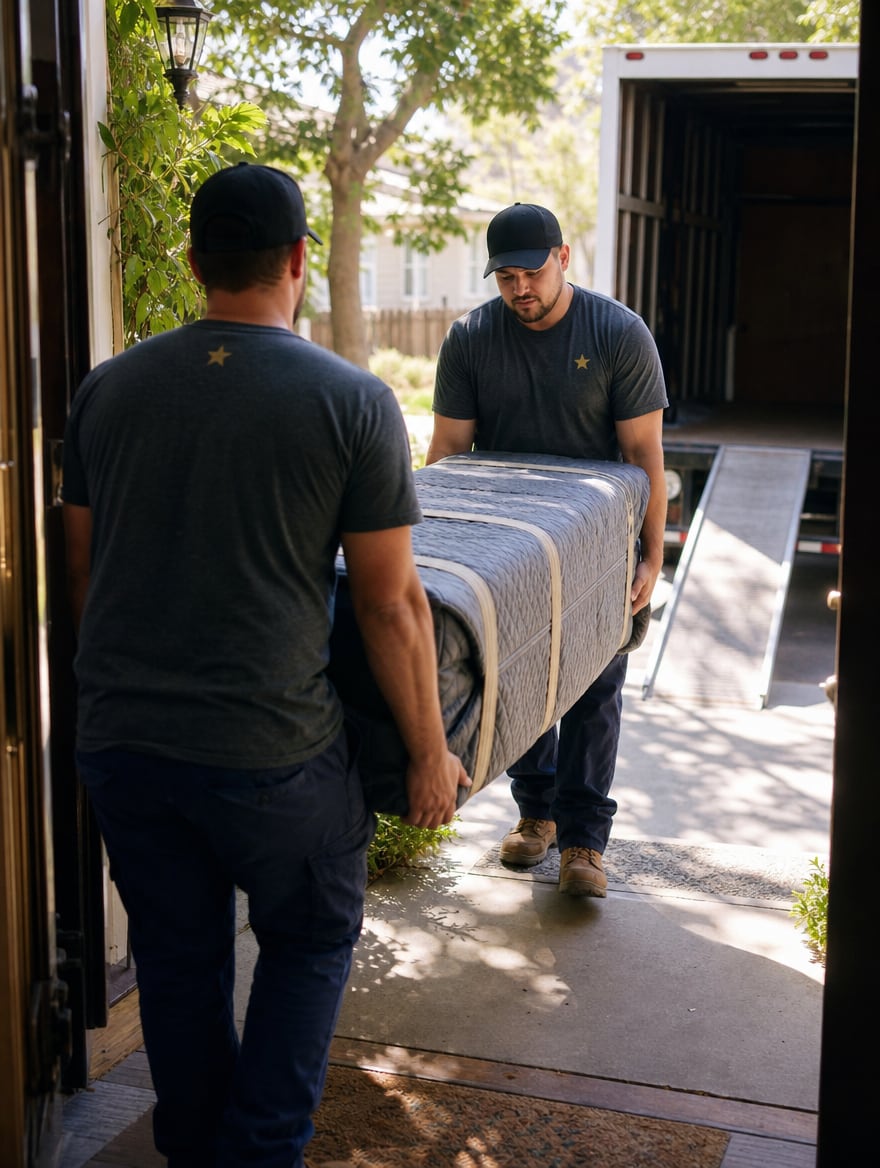 GeoStars movers carrying a blanket-wrapped sofa down a narrow staircase with padded banisters