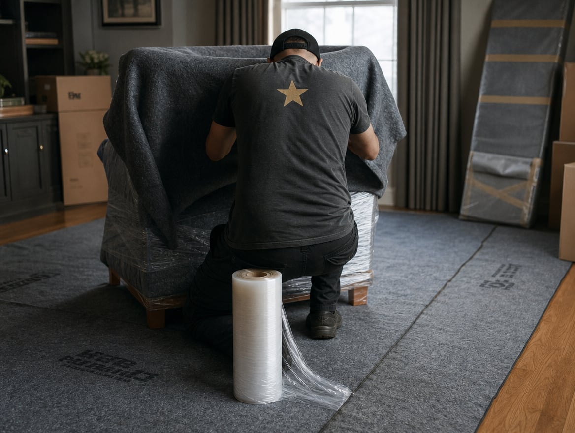 Mover reassembling a wooden bed frame in a bedroom with floor runners protecting the hardwood