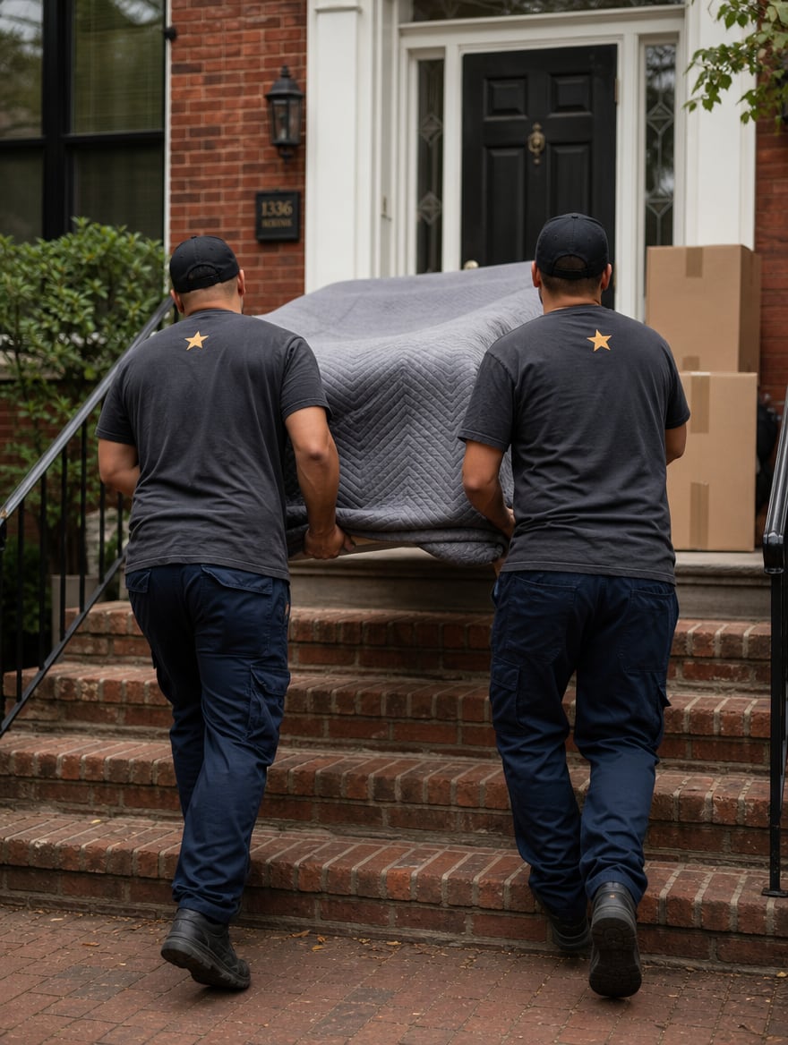 GeoStars movers carrying a wrapped sofa down the front steps of a home