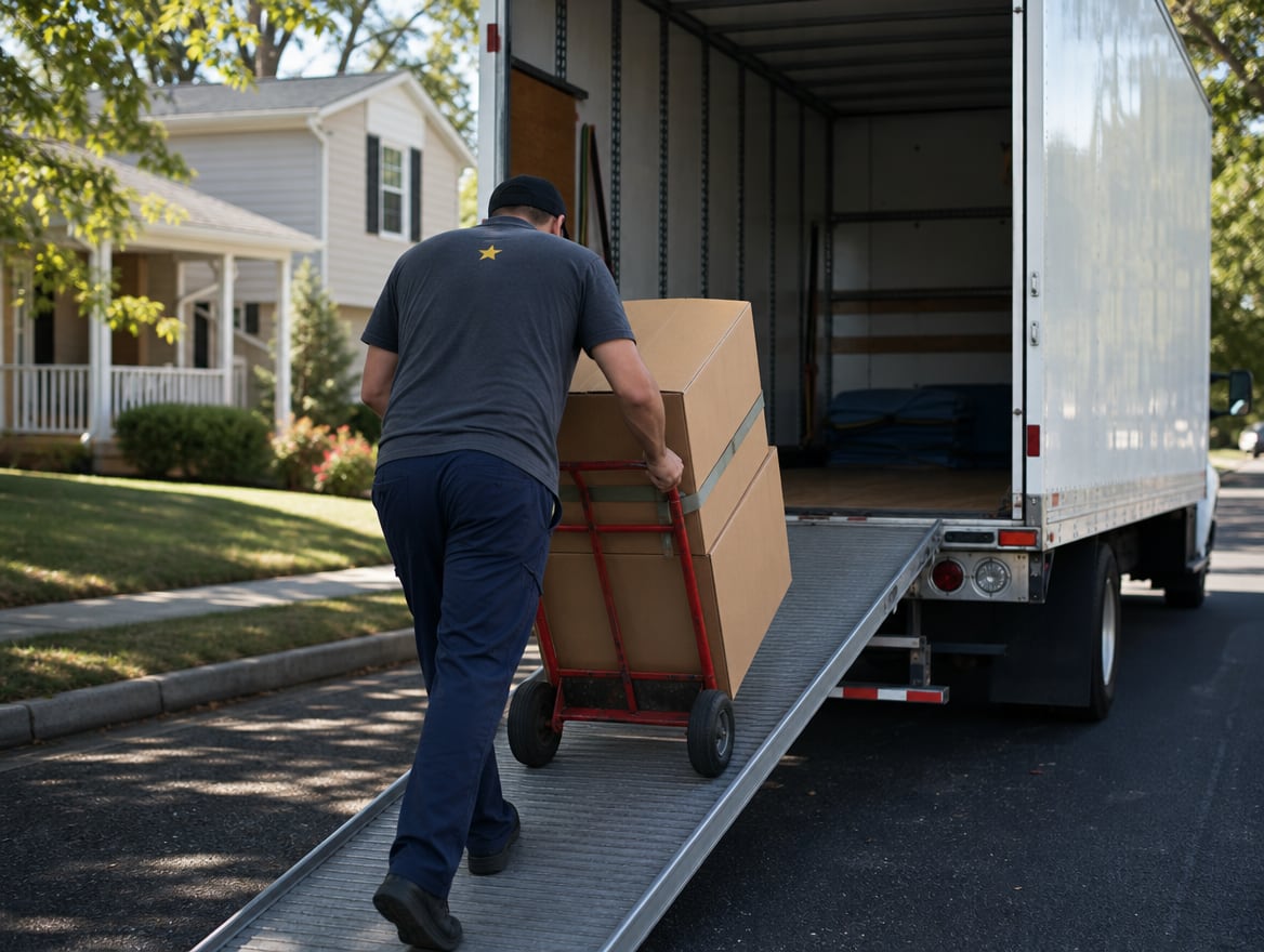 GeoStars crew member loading labeled moving boxes onto a hand truck inside a DC residential elevator