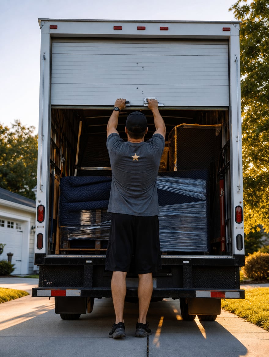 GeoStars movers loading padded, wrapped furniture into a moving truck for an interstate move from Northern Virginia