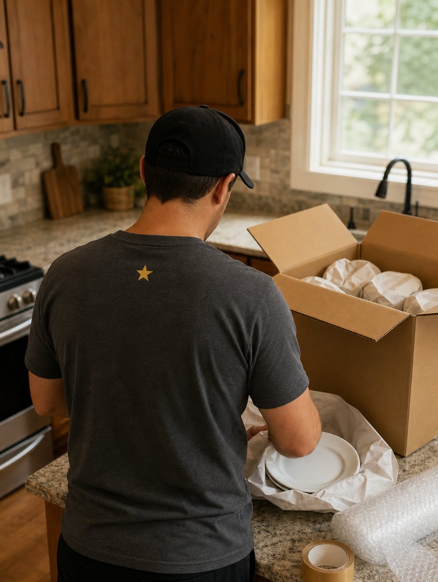 GeoStars packer wrapping wine glasses in packing paper before placing them in a divided dish barrel