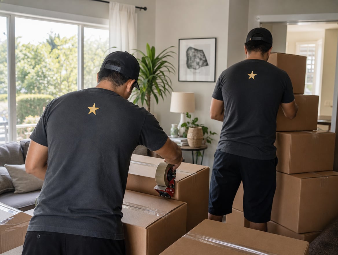 Neatly stacked moving boxes labeled by room, with hanging clothes in an open wardrobe box beside them