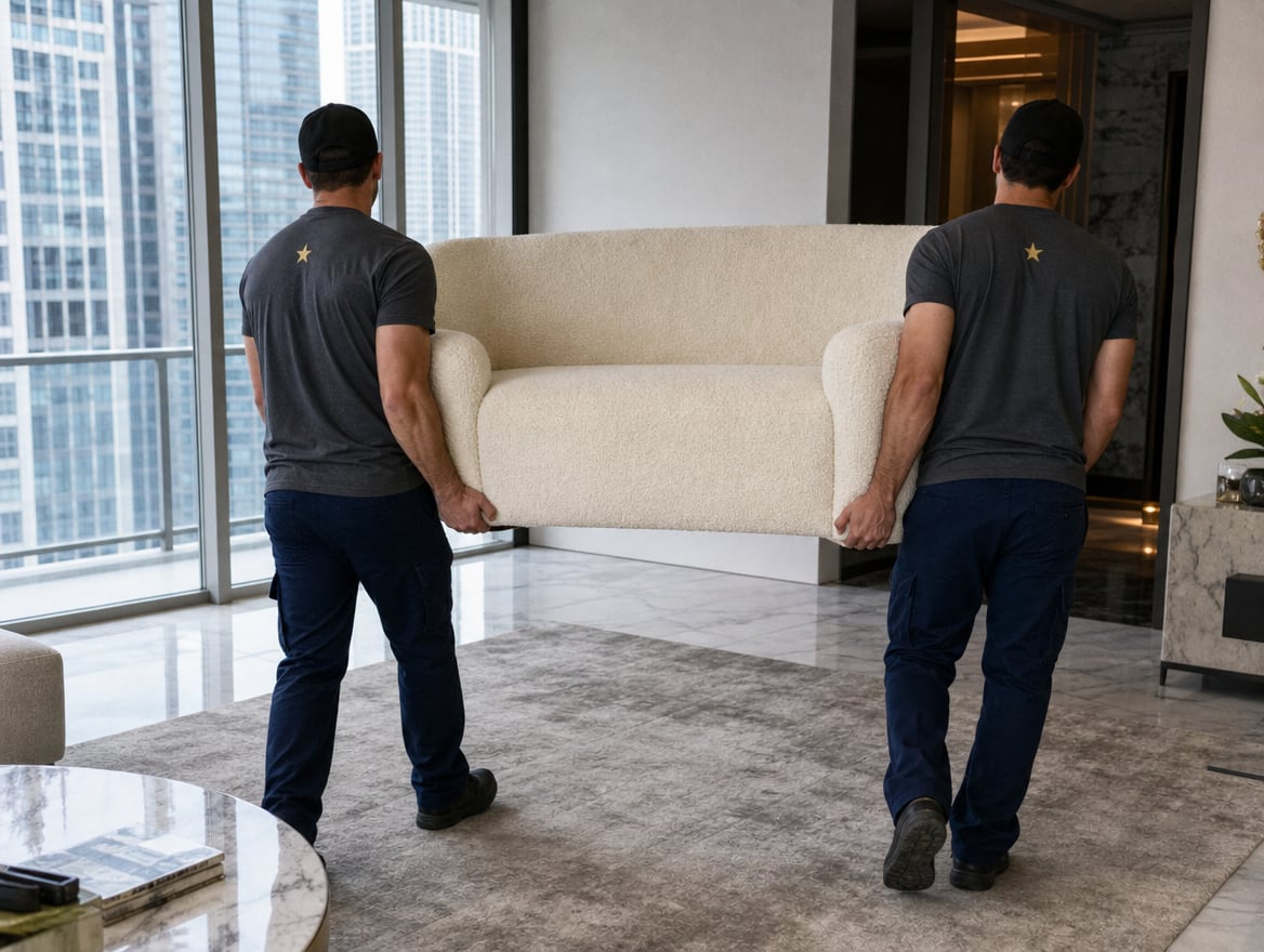 Mover placing an unpacked armchair in a finished living room while carrying flattened boxes out the door