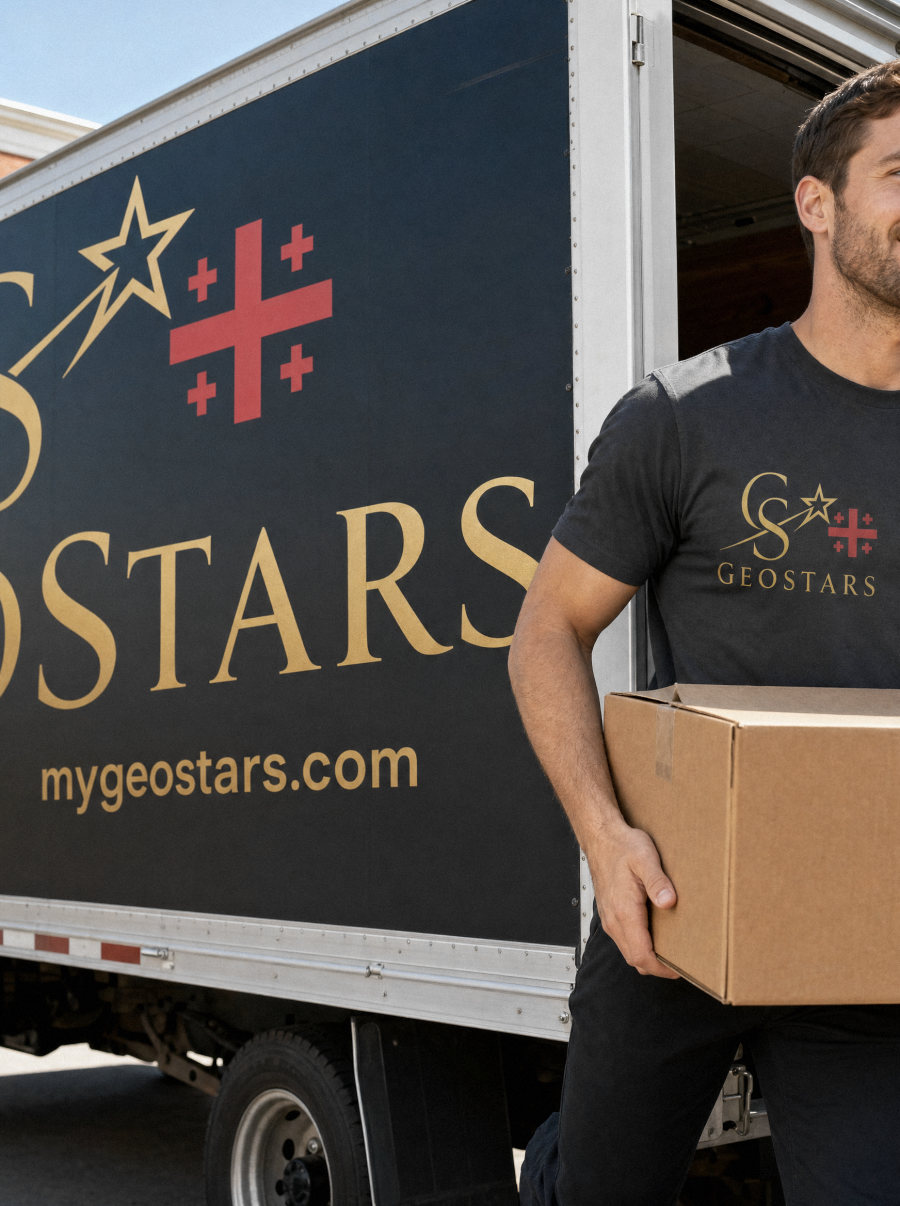 A GeoStars mover carrying a box from the truck